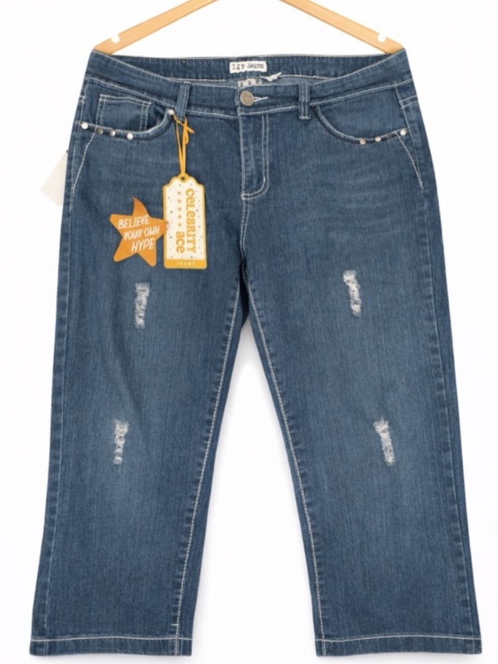 Celebrity Pink Distressed Cropped Jeans Size 17 NWT Medium Wash Stud Detail